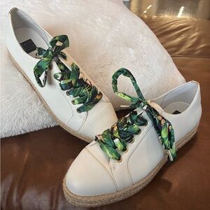 White House Black Market White Espadrilles with Green Patterned Laces